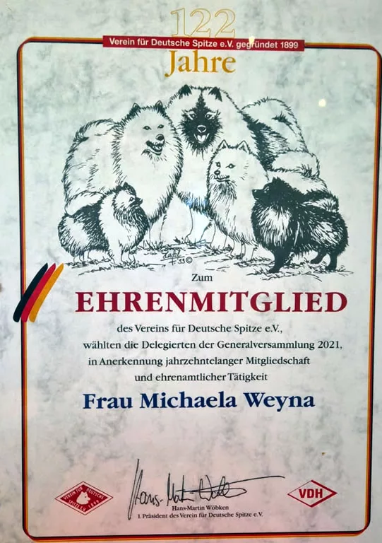 Urkunde Ehrenmitglied Michaela Weyna aus Geldern.