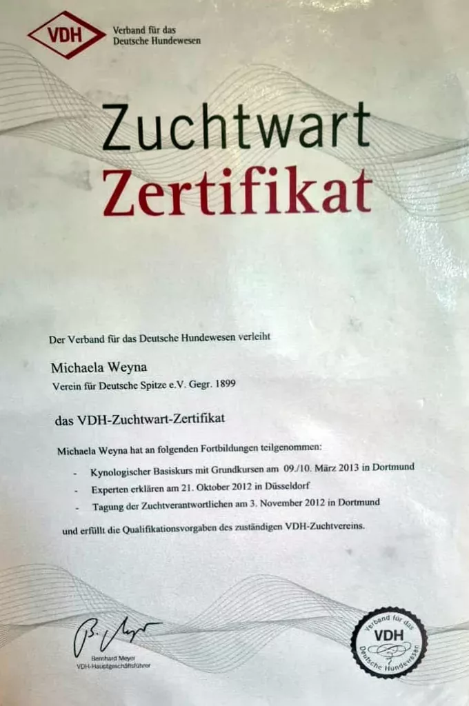 Zuchtwart Zertifikat von Michaela Weyna - Wolfsspitz Zucht in Geldern am Niederrhein